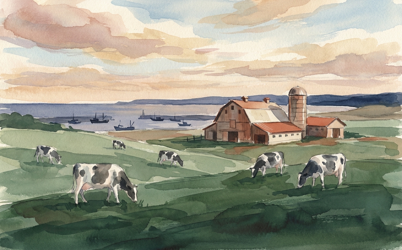 北海道別海町の風景を想起させる、牧草地と牛と海のイラスト