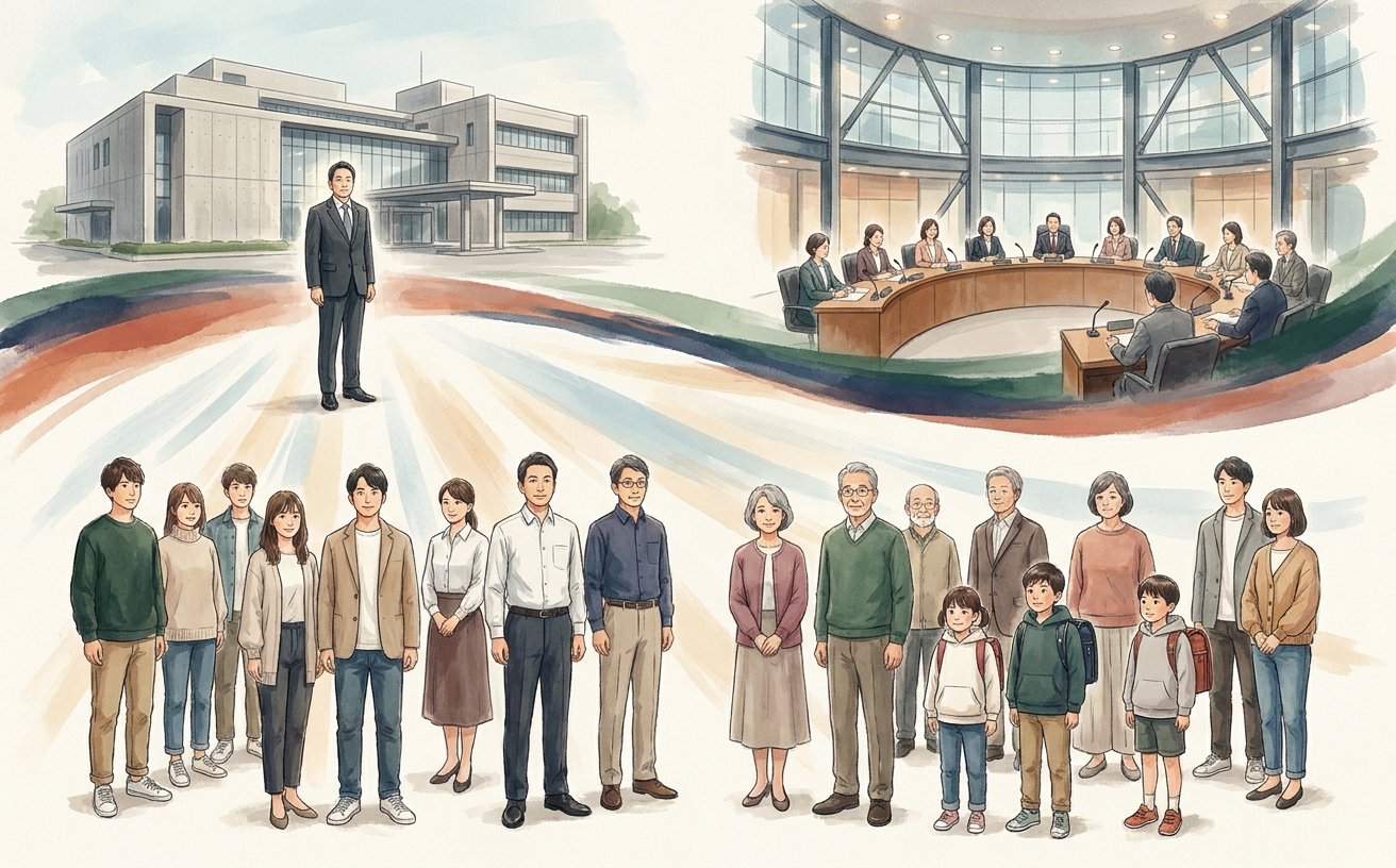 住民・首長・議会の三角関係を示す二元代表制の構造図